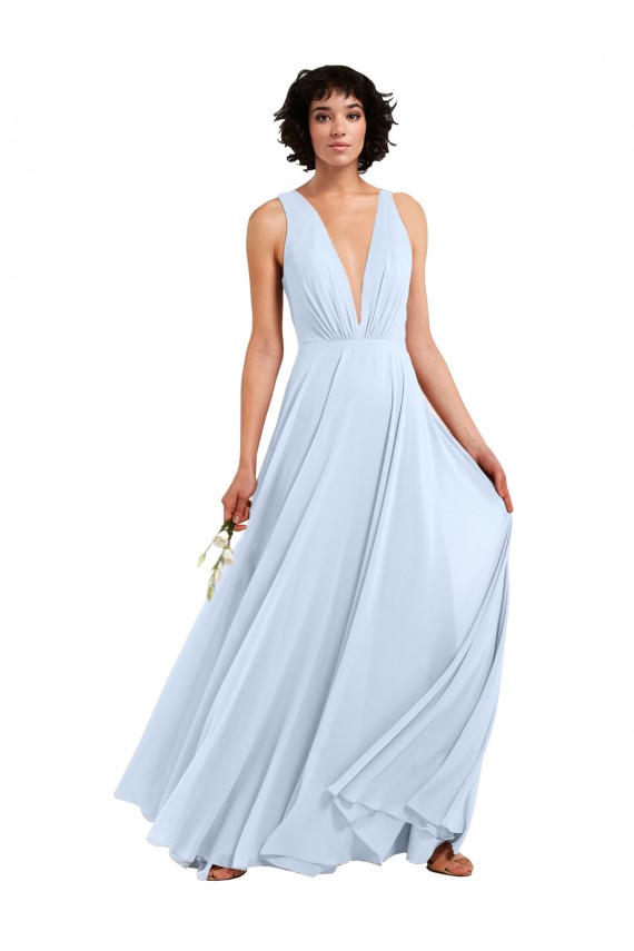 Bleu ciel clair Trapèze Col V Mousseline Longue Robes demoiselle d'honneur en Gros