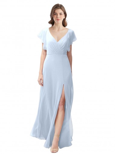 Bleu ciel clair Trapèze Col V Mousseline Longue Robes demoiselle d'honneur en Gros