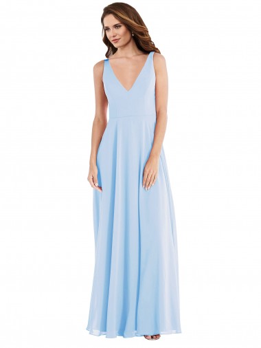 Bleu ciel clair Trapèze Col V Mousseline Longue Robes demoiselle d'honneur en Gros
