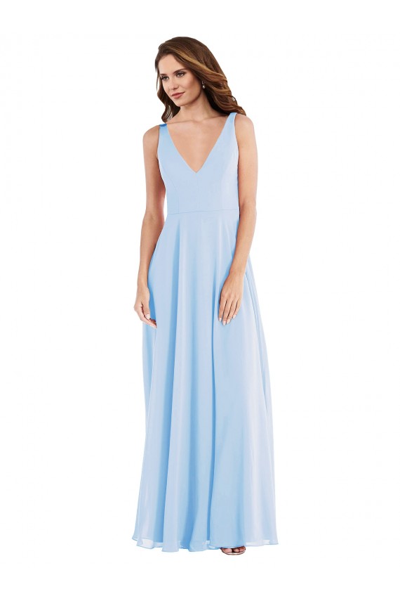 Bleu ciel clair Trapèze Col V Mousseline Longue Robes demoiselle d'honneur en Gros
