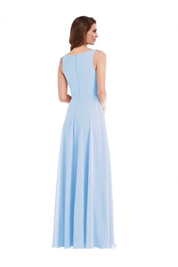Bleu ciel clair Trapèze Col V Mousseline Longue Robes demoiselle d'honneur en Gros