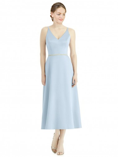 Bleu ciel clair Trapèze Col V Satiné Longue Robes demoiselle d'honneur en Gros