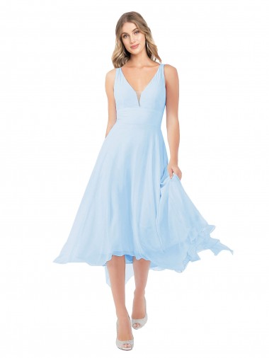 Bleu ciel clair Trapèze Col V midi Mousseline Courte Robes demoiselle d'honneur / Robes de cocktail en Gros
