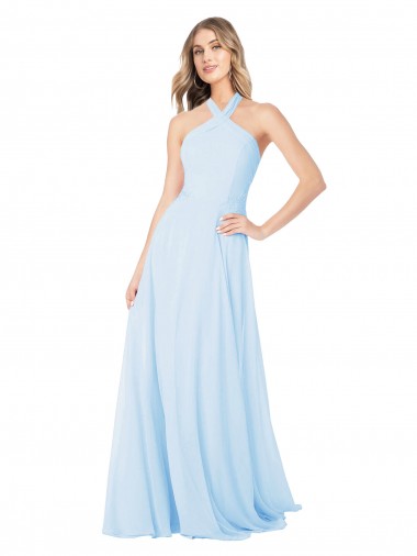 Bleu ciel clair Trapèze Licou Col Haut Mousseline Longue Robes demoiselle d'honneur en Gros