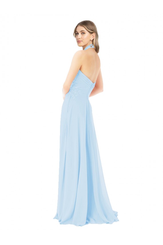 Bleu ciel clair Trapèze Licou Col Haut Mousseline Longue Robes demoiselle d'honneur en Gros