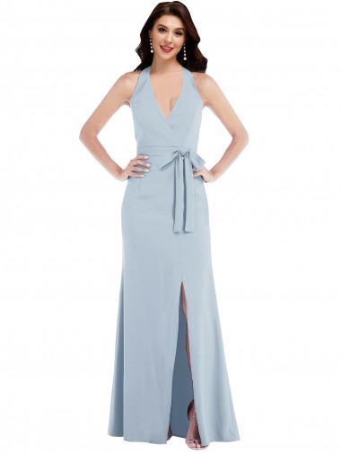 Bleu ciel clair Trapèze Licou Col V Crêpe Stretch Longue Formelles Robes demoiselle d'honneur / Robes de soirée / Robes de bal en Gros