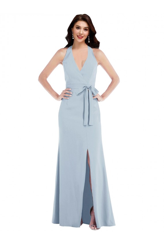 Bleu ciel clair Trapèze Licou Col V Crêpe Stretch Longue Formelles Robes demoiselle d'honneur / Robes de soirée / Robes de bal en Gros