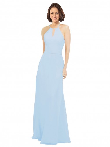 Bleu ciel clair Trapèze Licou Mousseline Longue Robes demoiselle d'honneur en Gros