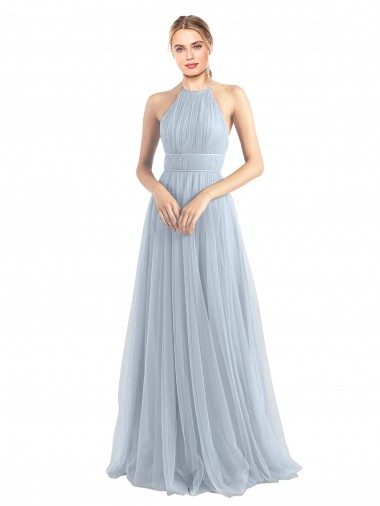 Bleu ciel clair Trapèze Licou Tulle Longue Robes demoiselle d'honneur en Gros