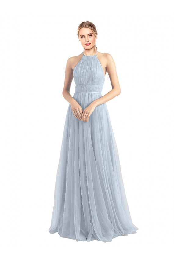 Bleu ciel clair Trapèze Licou Tulle Longue Robes demoiselle d'honneur en Gros