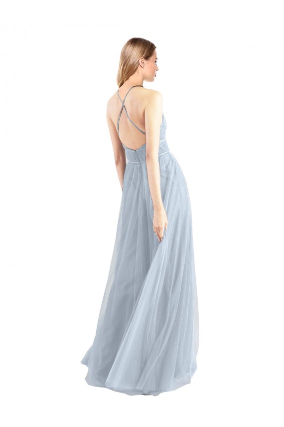 Bleu ciel clair Trapèze Licou Tulle Longue Robes demoiselle d'honneur en Gros