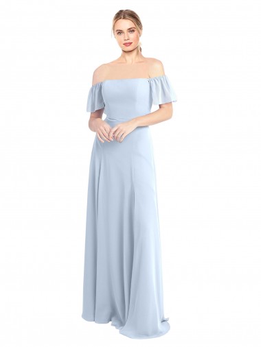 Bleu ciel clair Trapèze Épaule Dénudée Col Carré Mousseline Longue Robes demoiselle d'honneur en Gros