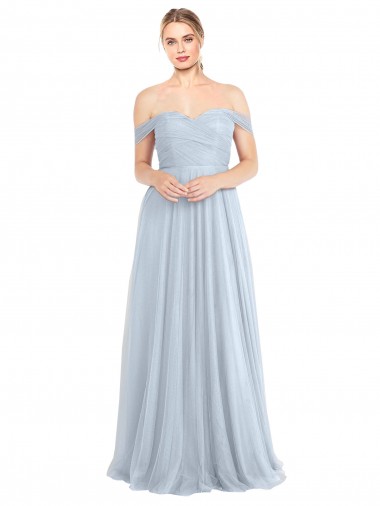 Bleu ciel clair Trapèze Épaule Dénudée Tulle Longue Robes demoiselle d'honneur en Gros