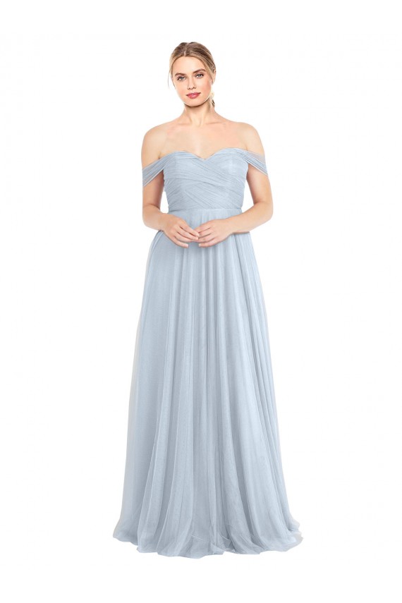 Bleu ciel clair Trapèze Épaule Dénudée Tulle Longue Robes demoiselle d'honneur en Gros