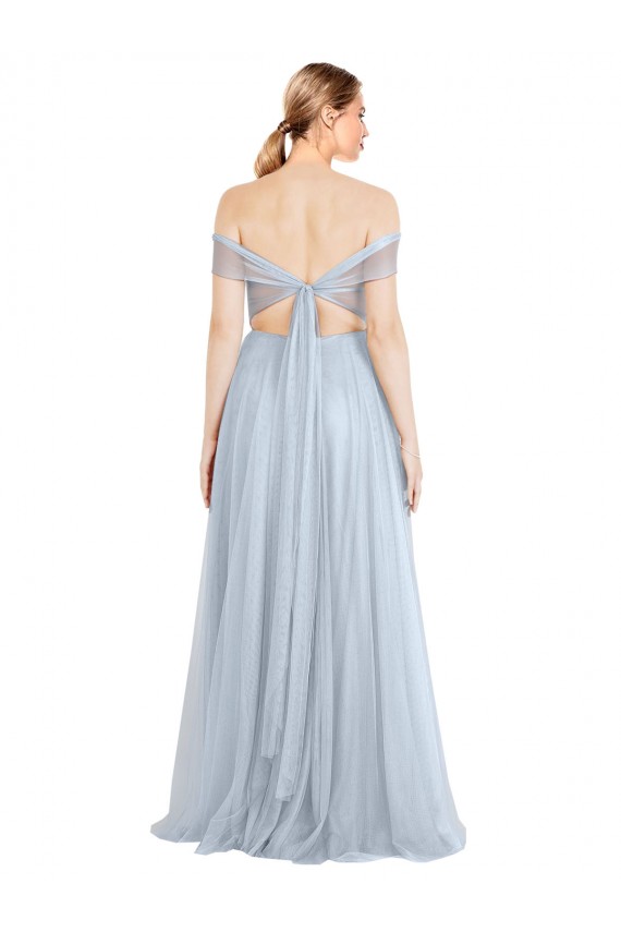 Bleu ciel clair Trapèze Épaule Dénudée Tulle Longue Robes demoiselle d'honneur en Gros
