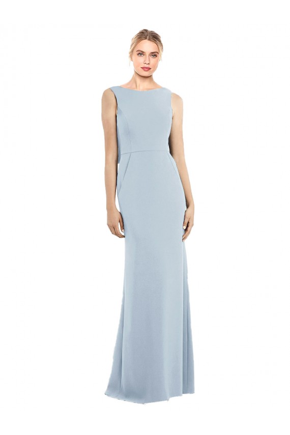 Bleu ciel clair Trompette Bateau Crêpe Stretch Longue Robes demoiselle d'honneur / Robes de bal en Gros