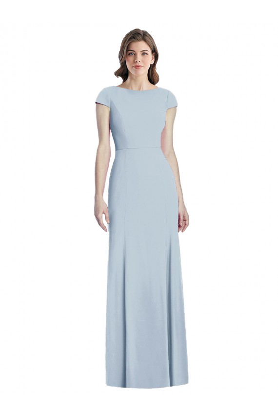 Bleu ciel clair Trompette Bateau Crêpe Stretch Longue Robes demoiselle d'honneur / Robes de bal en Gros