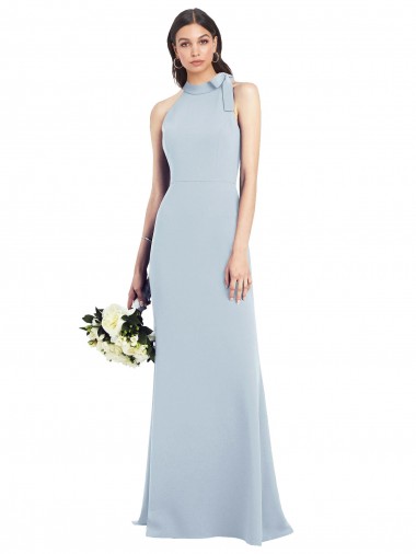 Bleu ciel clair Trompette Col Bateau Col Haut Licou Crêpe Stretch Longue Robes demoiselle d'honneur / Robes de bal en Gros