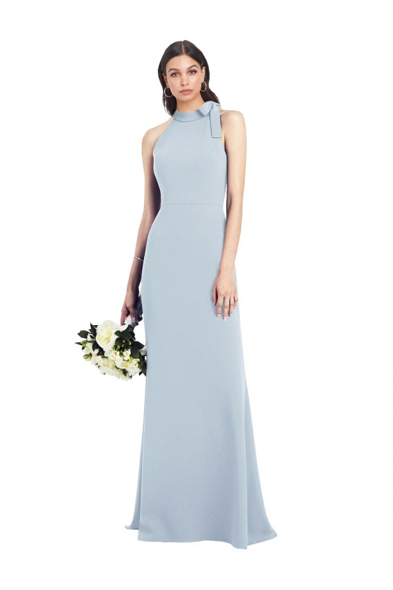 Bleu ciel clair Trompette Col Bateau Col Haut Licou Crêpe Stretch Longue Robes demoiselle d'honneur / Robes de bal en Gros