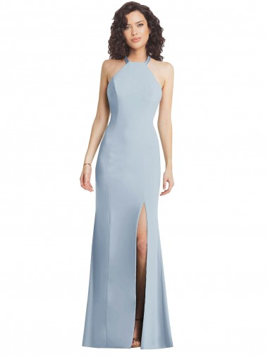 Bleu ciel clair Trompette Licou Col Haut Crêpe Stretch Longue Formelles Robes demoiselle d'honneur / Robes de soirée / Robes de bal en Gros