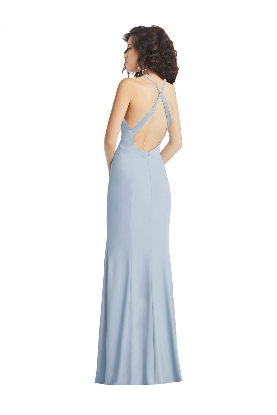 Bleu ciel clair Trompette Licou Col Haut Crêpe Stretch Longue Formelles Robes demoiselle d'honneur / Robes de soirée / Robes de bal en Gros