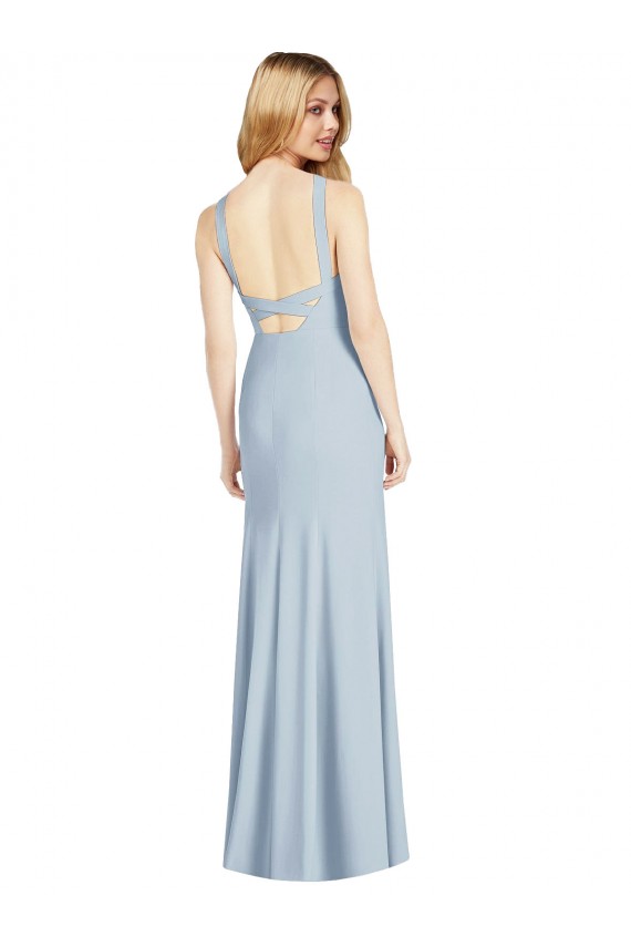 Bleu ciel clair Trompette Licou Col Haut Crêpe Stretch Longue Formelles Robes demoiselle d'honneur / Robes de soirée en Gros