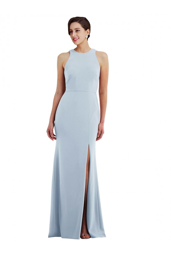 Bleu ciel clair Trompette Licou Col bijou Crêpe Stretch Longue Formelles Robes demoiselle d'honneur / Robes de soirée / Robes de bal en Gros