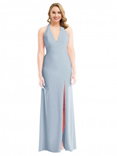 Bleu ciel clair Trompette Licou Crêpe Stretch Longue Robes demoiselle d'honneur / Robes de bal en Gros