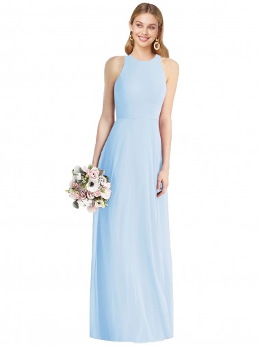 Bleu ciel clair Trompette Licou Mousseline Longue Robes demoiselle d'honneur en Gros