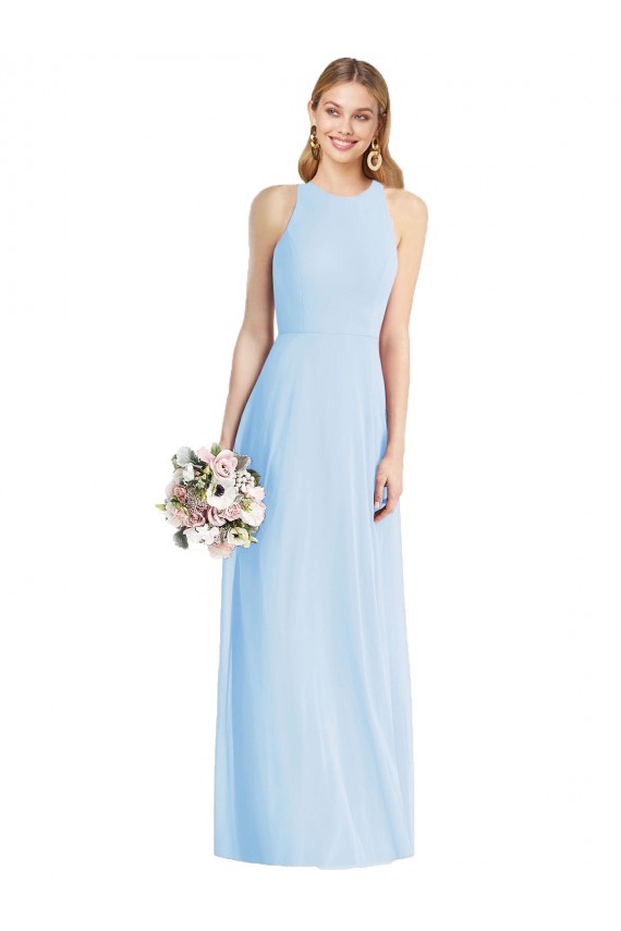 Bleu ciel clair Trompette Licou Mousseline Longue Robes demoiselle d'honneur en Gros