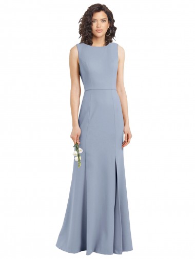 Bleu fumée Fourreau Col Bateau Col Haut Crêpe Stretch Longue Robes demoiselle d'honneur en Gros