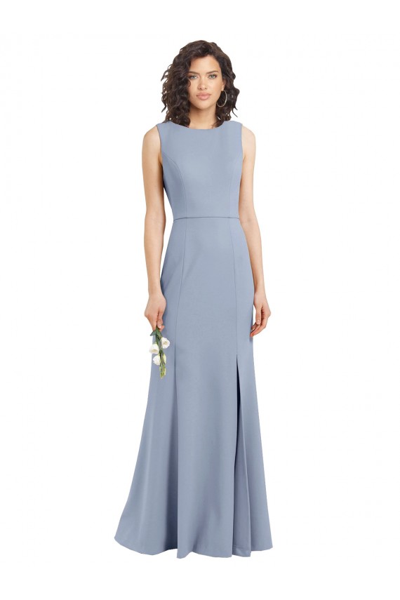 Bleu fumée Fourreau Col Bateau Col Haut Crêpe Stretch Longue Robes demoiselle d'honneur en Gros