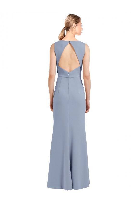 Bleu fumée Fourreau Col Bateau Col Haut Crêpe Stretch Longue Robes demoiselle d'honneur en Gros