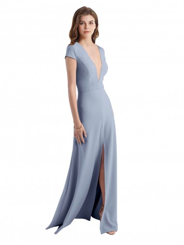 Bleu fumée Fourreau Col V Crêpe Stretch Longue Robes demoiselle d'honneur / Robes de bal en Gros