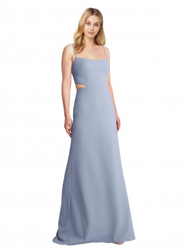 Bleu fumée Trapèze Bretelles spaghetti Scoop Crêpe Stretch Longue Robes demoiselle d'honneur / Robes de bal en Gros