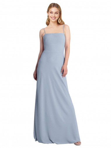 Bleu fumée Trapèze Col Carré Crêpe Stretch Longue Robes demoiselle d'honneur / Robes de bal en Gros