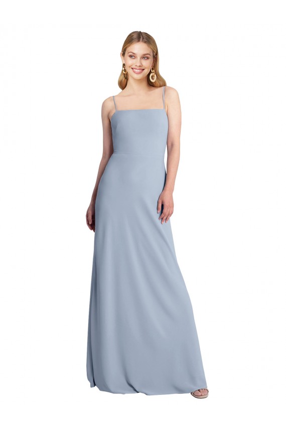 Bleu fumée Trapèze Col Carré Crêpe Stretch Longue Robes demoiselle d'honneur / Robes de bal en Gros