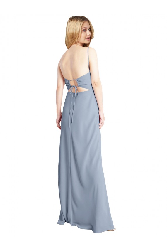 Bleu fumée Trapèze Col Carré Crêpe Stretch Longue Robes demoiselle d'honneur / Robes de bal en Gros