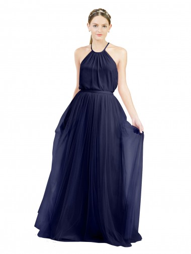 Bleu marine 21 Trapèze Licou Col Haut Tulle Longue Robes demoiselle d'honneur en Gros