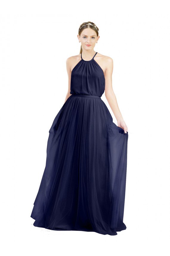 Bleu marine 21 Trapèze Licou Col Haut Tulle Longue Robes demoiselle d'honneur en Gros