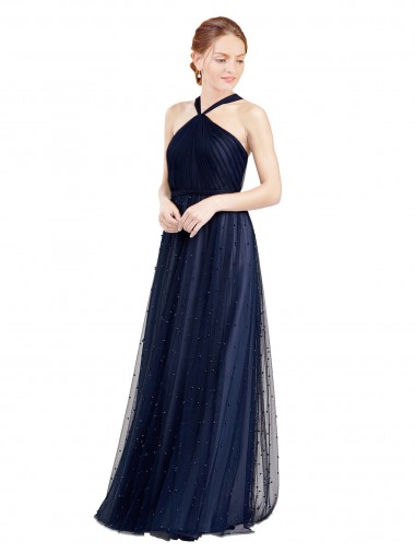 Bleu marine 21 Trapèze Licou Tulle Longue Robes demoiselle d'honneur en Gros