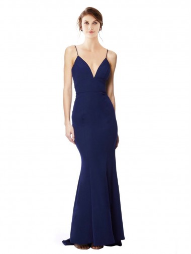 Bleu marine Sirène Bretelles spaghetti Col V Crêpe Stretch Longue Formelles Robes demoiselle d'honneur / Robes de soirée / Robes de bal en Gros