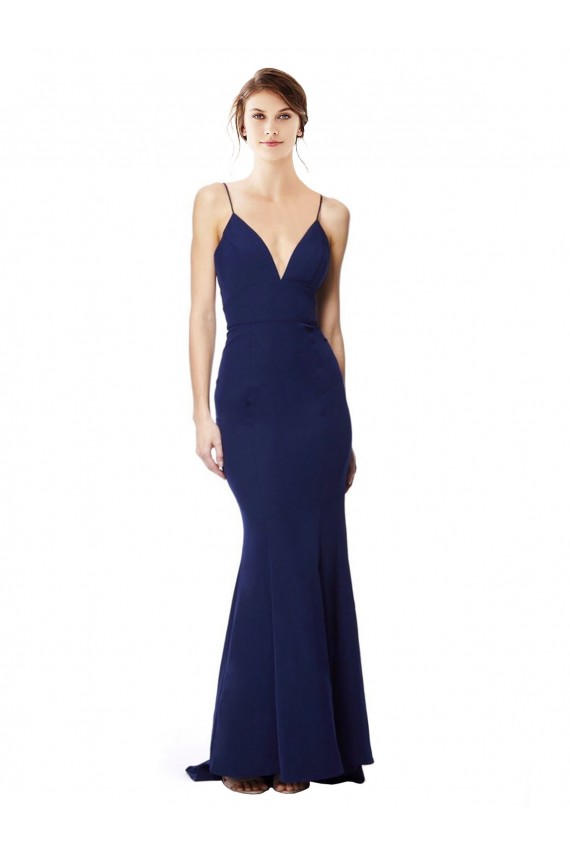Bleu marine Sirène Bretelles spaghetti Col V Crêpe Stretch Longue Formelles Robes demoiselle d'honneur / Robes de soirée / Robes de bal en Gros