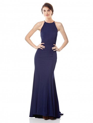 Bleu marine Sirène Licou Col Haut Crêpe Stretch Longue Formelles Robes demoiselle d'honneur / Robes de soirée / Robes de bal en Gros