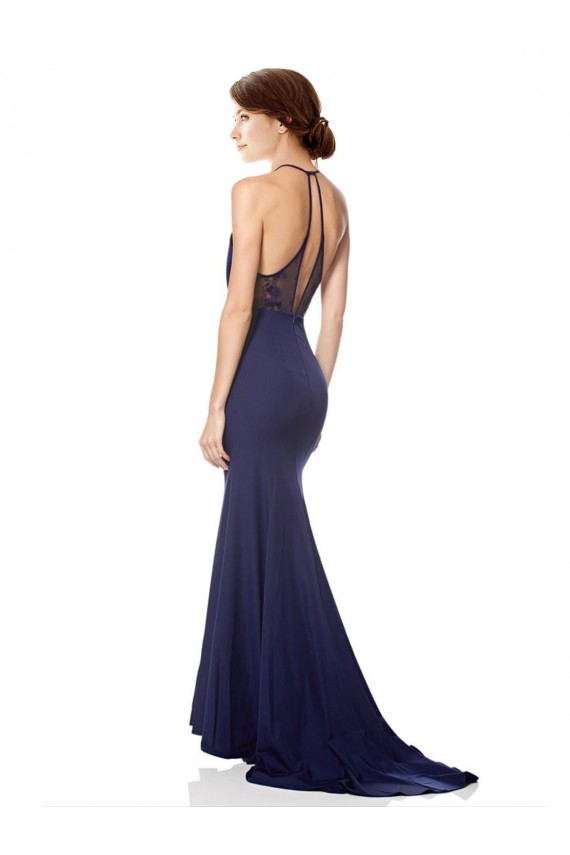 Bleu marine Sirène Licou Col Haut Crêpe Stretch Longue Formelles Robes demoiselle d'honneur / Robes de soirée / Robes de bal en Gros