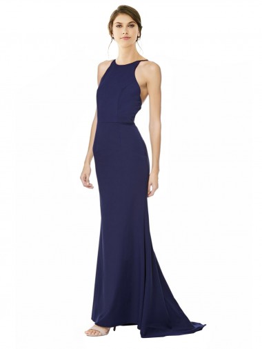 Bleu marine Sirène Licou Col Haut Crêpe Stretch Longue Formelles Robes demoiselle d'honneur / Robes de soirée / Robes de bal en Gros