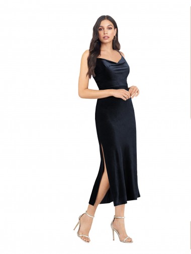 Bleu marine foncé Colonne midi Velours Stretch Courte Robes demoiselle d'honneur / Robes de soirée / Robes de cocktail en Gros