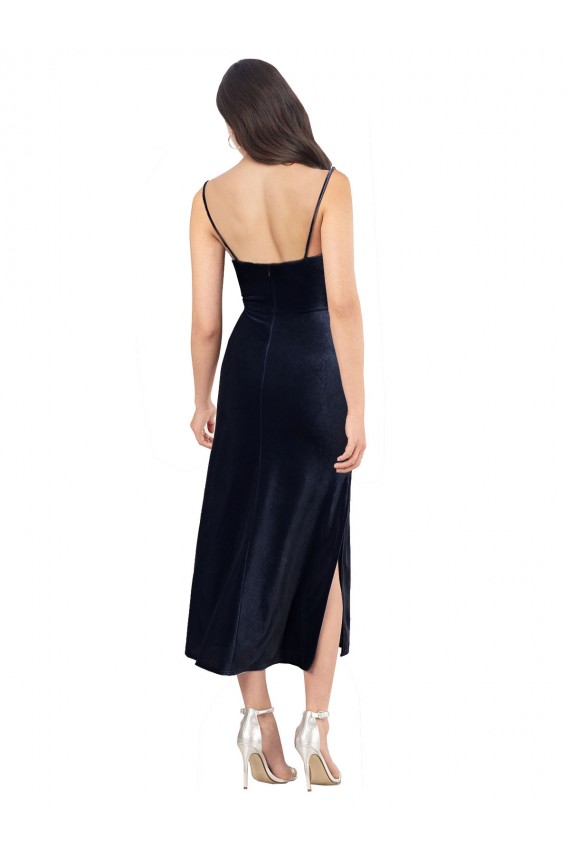 Bleu marine foncé Colonne midi Velours Stretch Courte Robes demoiselle d'honneur / Robes de soirée / Robes de cocktail en Gros