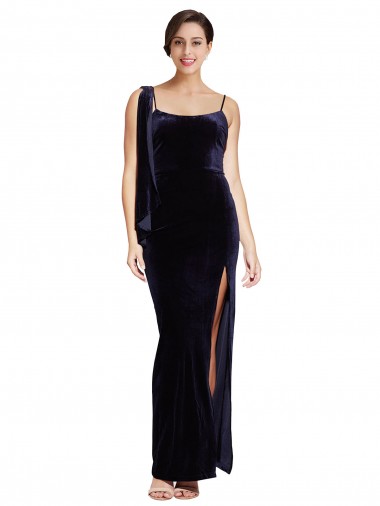Bleu marine foncé Fourreau Bretelles spaghetti Col Carré Velours Stretch Longue Formelles Robes demoiselle d'honneur / Robes de soirée / Robes de bal en Gros