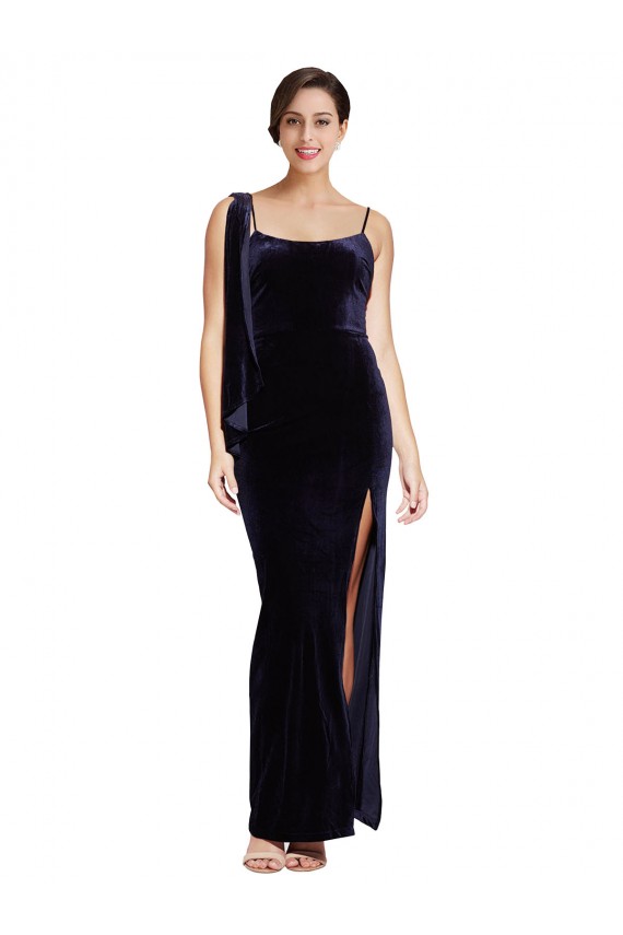Bleu marine foncé Fourreau Bretelles spaghetti Col Carré Velours Stretch Longue Formelles Robes demoiselle d'honneur / Robes de soirée / Robes de bal en Gros
